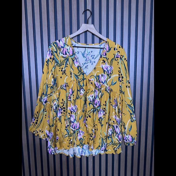 Free People Tunic Top Small Womens Yellow V Neck Flowy Long Sleeve Blouse - Picture 1 of 7